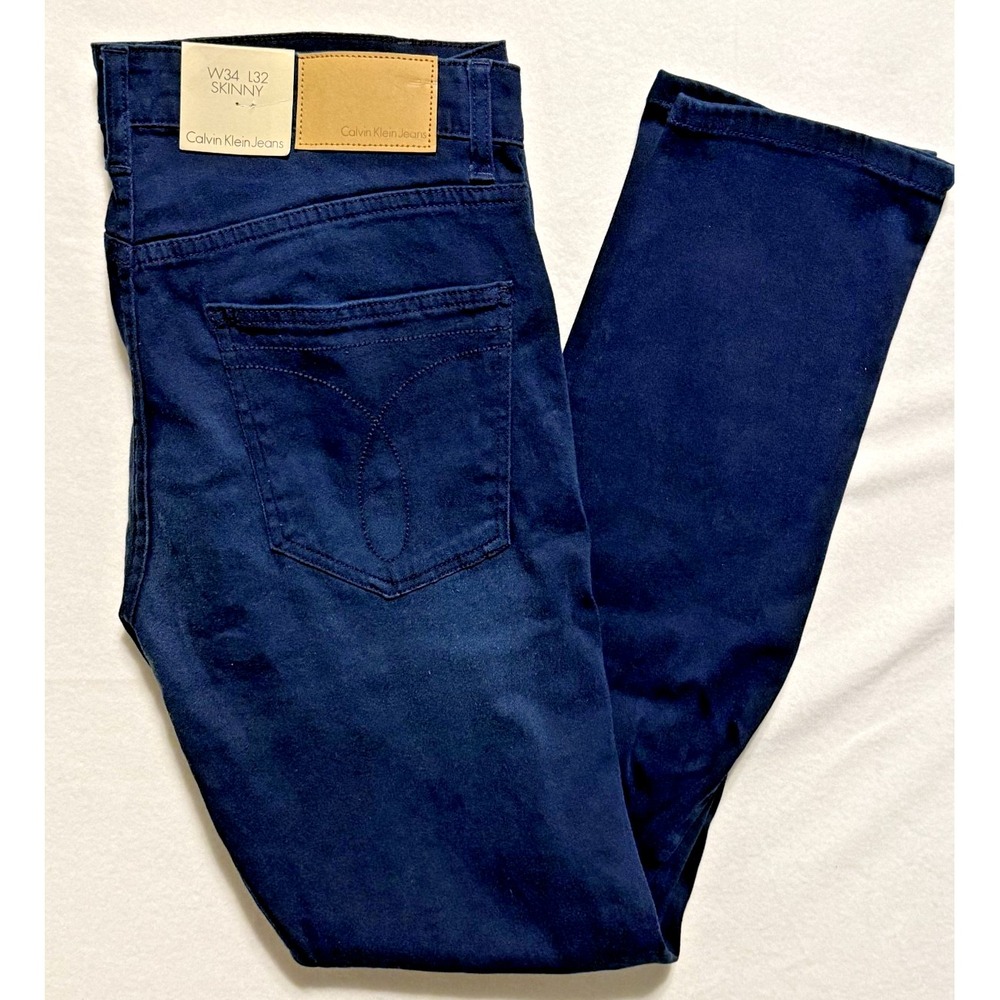 New Calvin Klein Skinny Jeans Mens 34x32 Dark Blue Wash Button Fly Denim MC072